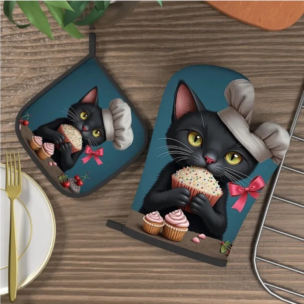Black Cat Chef w Pink Bow Oven Mitt and Pot Holder Set